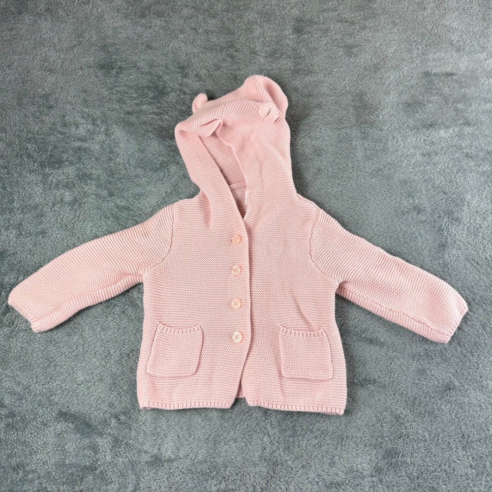 Baby Gap‎ Pink Cotton Knit Bear Ear Hooded Cardigan Sweater 12-18 Months